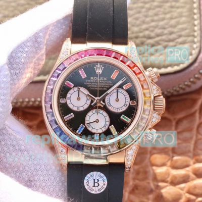 BLF Swiss Rolex Daytona Rainbow Replica Watch Black Rubber Strap